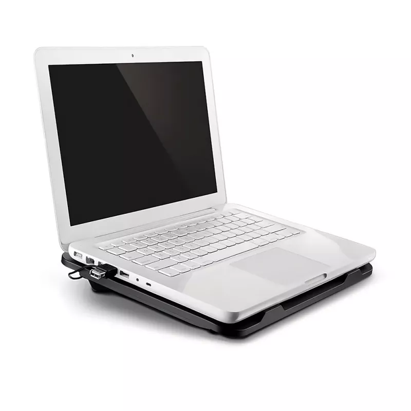 Aušinimo padėklas MEDIA-TECH MT2660 — USB maitinamas nešiojamojo kompiuterio aušintuvas, 1 ventiliatorius 13,5 cm, 20 CFM, 1000 RPM, 330×250×40 mm, 327 g, apšvietimas