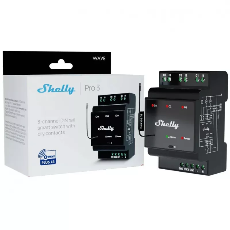 Išmanioji relė Shelly Wave PRO 3 — juoda, plastikinis korpusas, 110–240 V kintamosios srovės, 50–60 Hz, 0,3 W, 53×59×96 mm