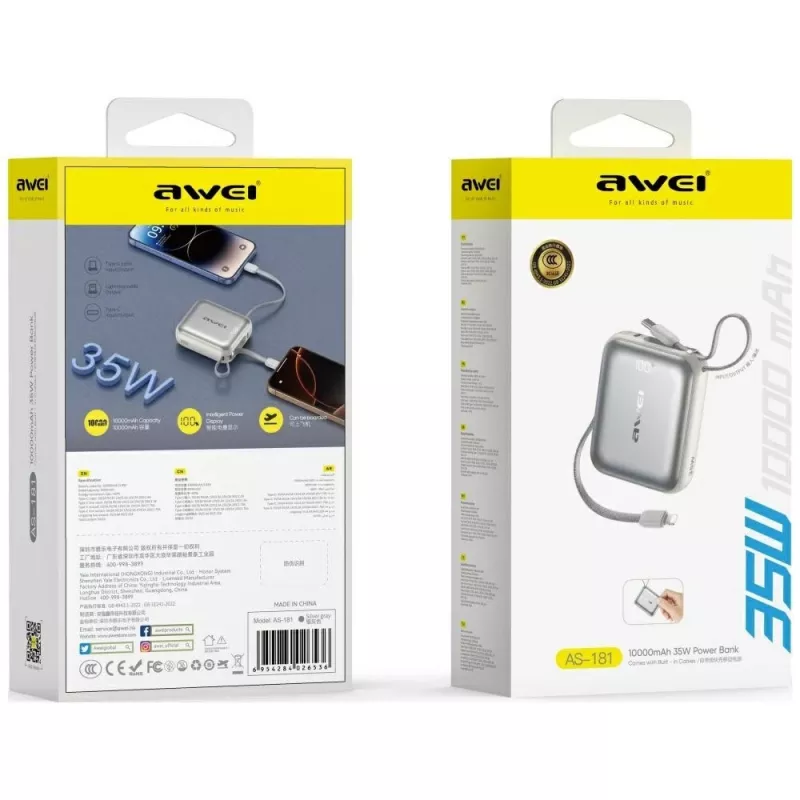 Išorinė baterija Awei AS-181 10000mAh 35W su integruotu kabeliu