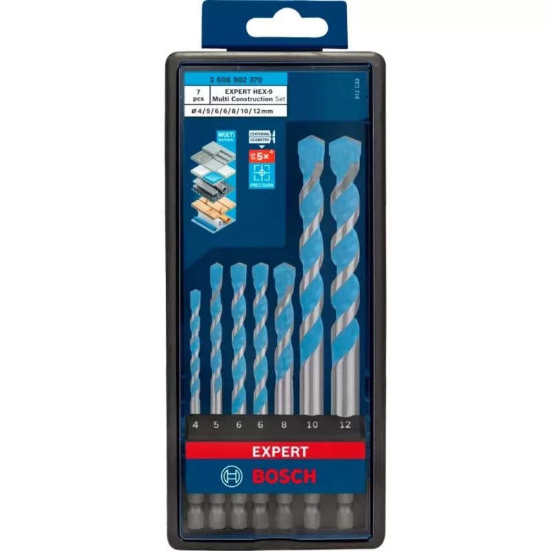 Grąžtų rinkinys Bosch Expert HEX-9, 7 vnt., dydžiai 4–12 mm, HEX-9 kotelis