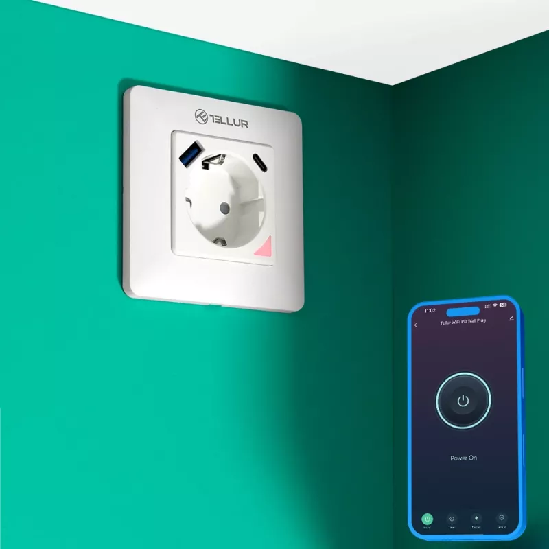 Išmanusis WiFi sieninis kištukas Tellur TLL331531 — 3600W 16A, nuotolinis valdymas per Wi‑Fi