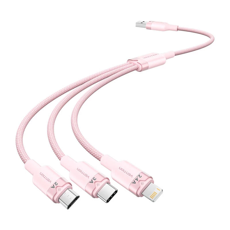 USB 2.0 A į 3-in-1 3A laidas Vention CTPPG 1.5M rožinis