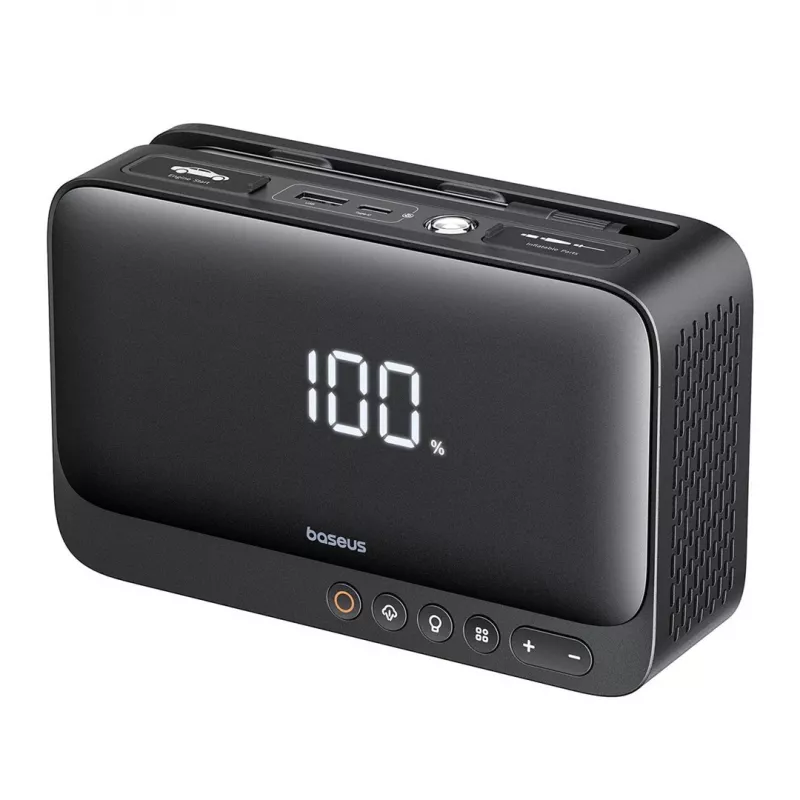 Nešiojamasis įkroviklis Baseus Super Energy 6000 mAh — akumuliatoriaus stiprintuvas, LiPo 6000 mAh, 300 A paleidimo srovė, 150 PSI, įmontuotas ekranas ir žibintuvėlis, USB-C + USB-A, juoda