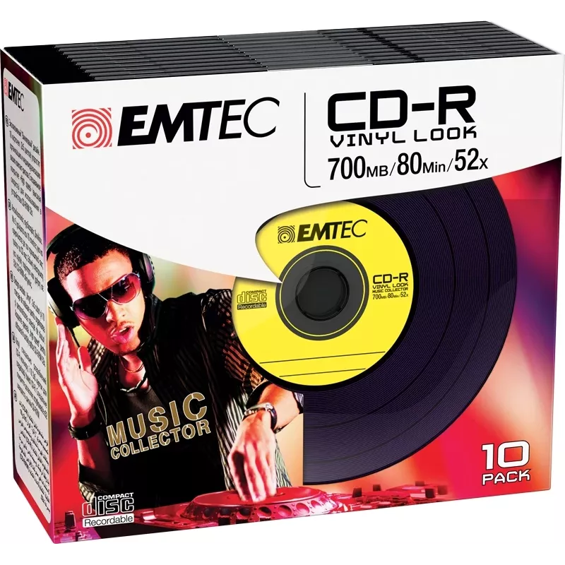 EMTEC Vinyl Look - 10 x CD-R - 700 MB (80 min.) 52x - mėlyna, geltona, alyvinė, žalia, rožinė - plonas jewel dėklas