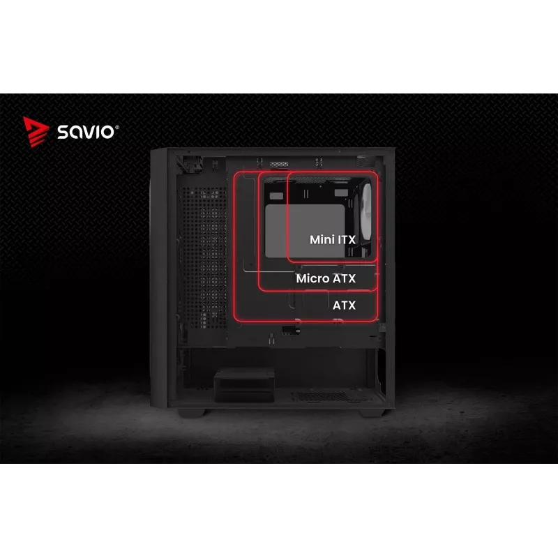 PC korpusas SAVIO Noctis Flow RGB — Cube, ATX/Mini-ITX, 3x 120 mm priekiniai ventiliatoriai, grūdintas stiklas šone, maks. GPU 35 cm