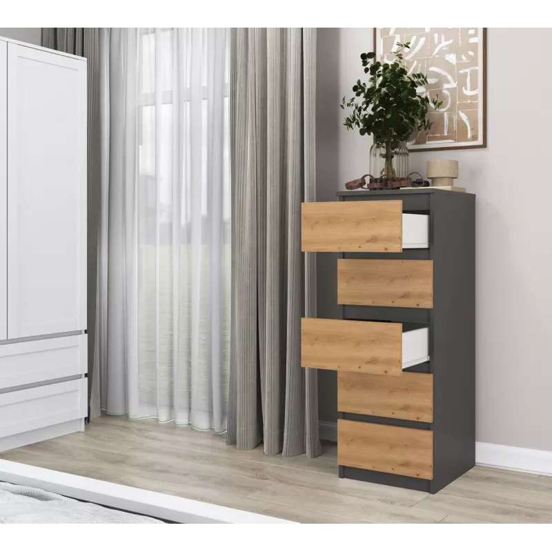 Komoda Top e Shop W5 ANT/ART, 5 stalčiai, antracitas/ąžuolas, medžio drožlių plokštė