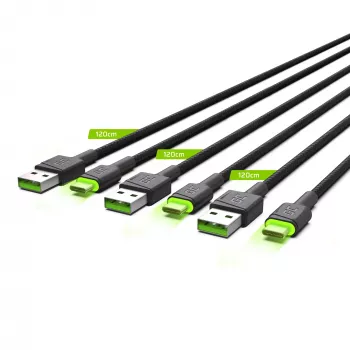 USB-C laidas Green Cell KABGCSET02 1,2 m (USB A į USB C, 2,4 A, 480 Mbps) 3 vnt. rinkinys su LED foniniu apšvietimu