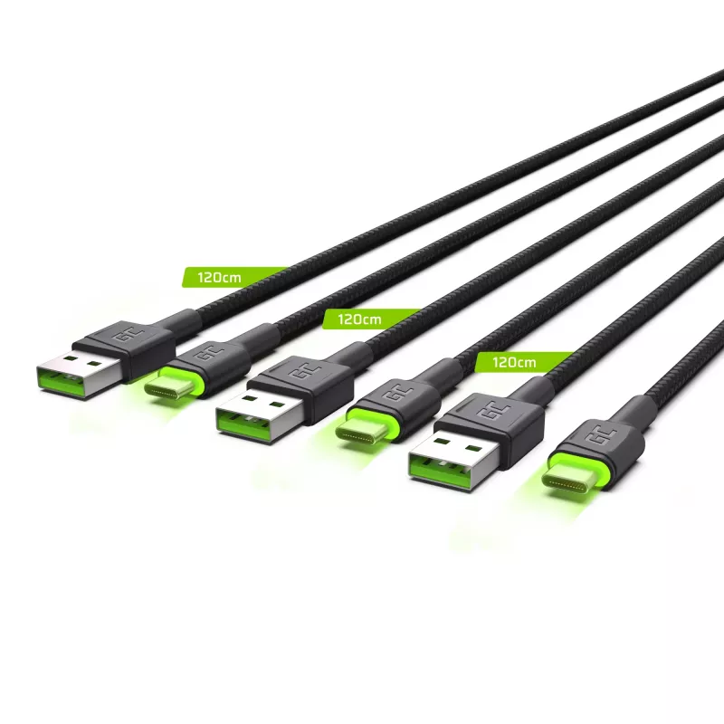 USB-C laidas Green Cell KABGCSET02 1,2 m (USB A į USB C, 2,4 A, 480 Mbps) 3 vnt. rinkinys su LED foniniu apšvietimu