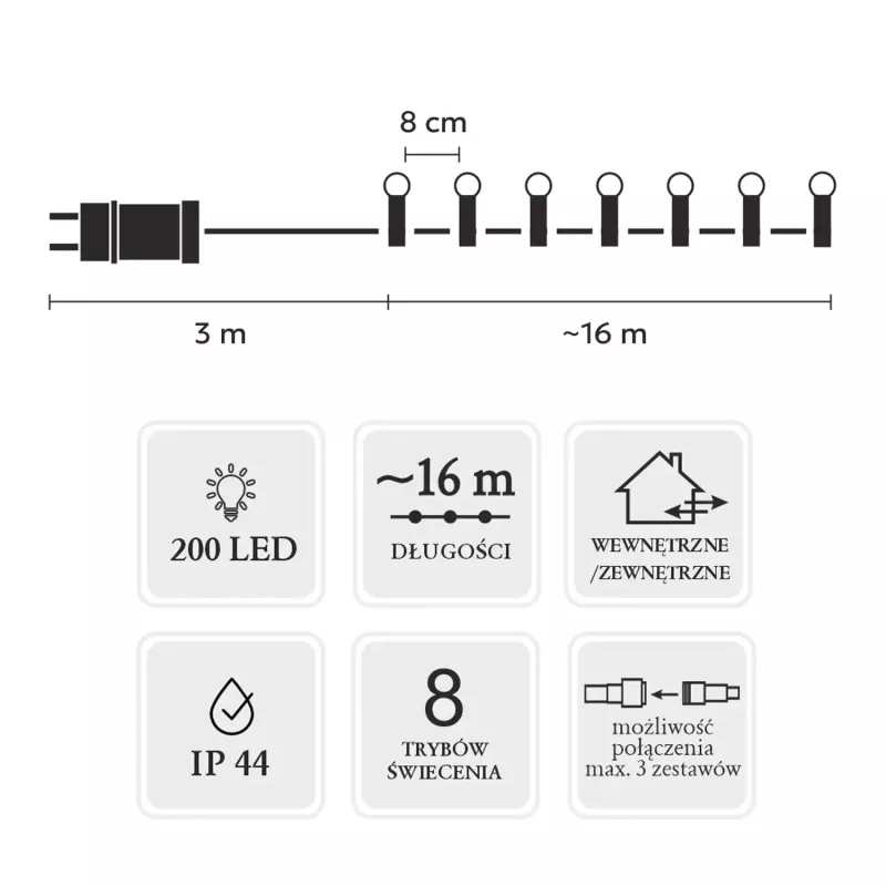 LED girliandos lemputės Extralink 200 lemputės šalta balta, skersmuo 3+ mm, ilgis 16 m
