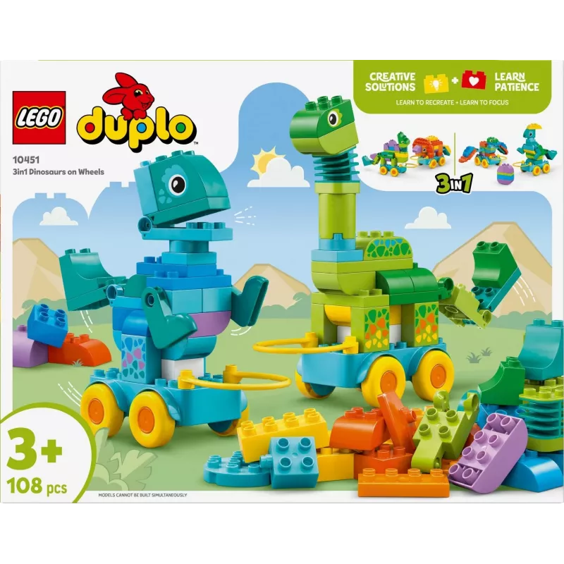 Konstrukcinis žaislas LEGO DUPLO 10451 Dinozaurai ant ratų, „3 viename“ rinkinys, 108 dalys, amžius 3+, aukštis 220 mm