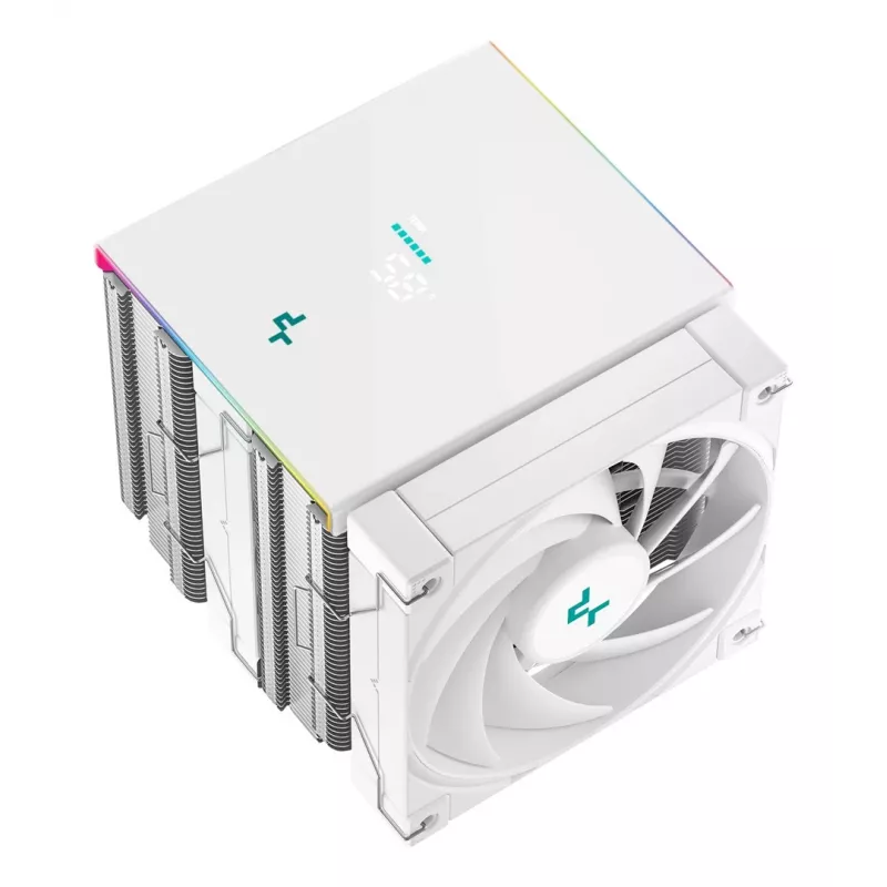 Oro aušintuvas DeepCool AK620 Digital SE White — dvigubi 120 mm ventiliatoriai, 6 šilumos vamzdeliai, PWM, LGA 1700 palaikymas, įmontuotas ekranas
