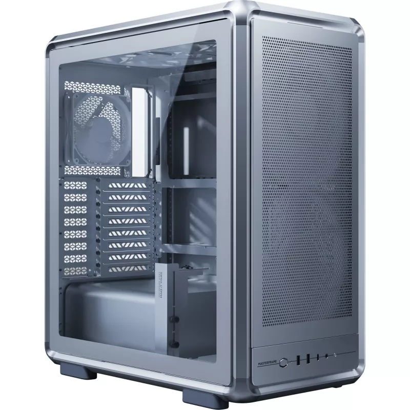 Kompiuterio Midi Tower korpusas Cooler Master MasterFrame 500 Mesh — juodas su permatomu šonu, palaiko ATX maitinimo bloką, 2x200 mm priekyje + 1x120 mm gale, 2,5 colio/3,5 colio diskų talpinimo vieta