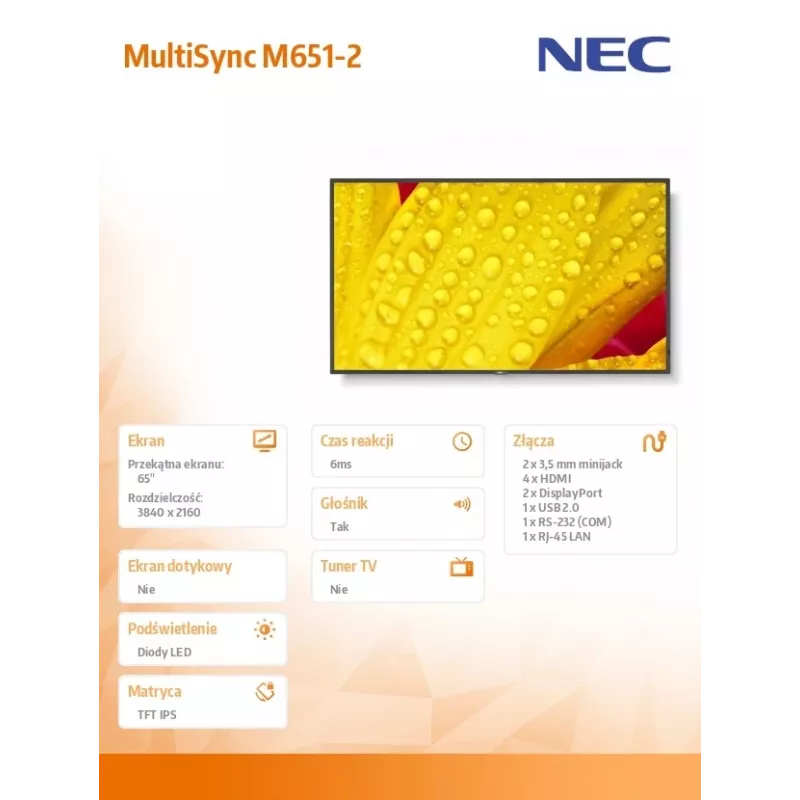 NEC MultiSync M651-2 Kiosk dizainas 165,1 cm (65 colių) LED 500 cd/m² 4K Ultra HD juoda Integruotas procesorius