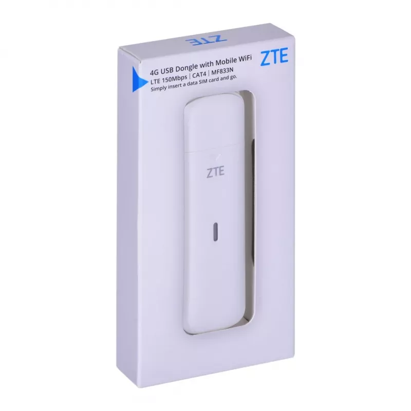 USB korinis modemas ZTE MF833N, nešiojamas USB formos faktorius, 4G LTE-FDD/TDD iki 150 Mbps, HSUPA/2G palaikymas, microSD lizdas, baltas