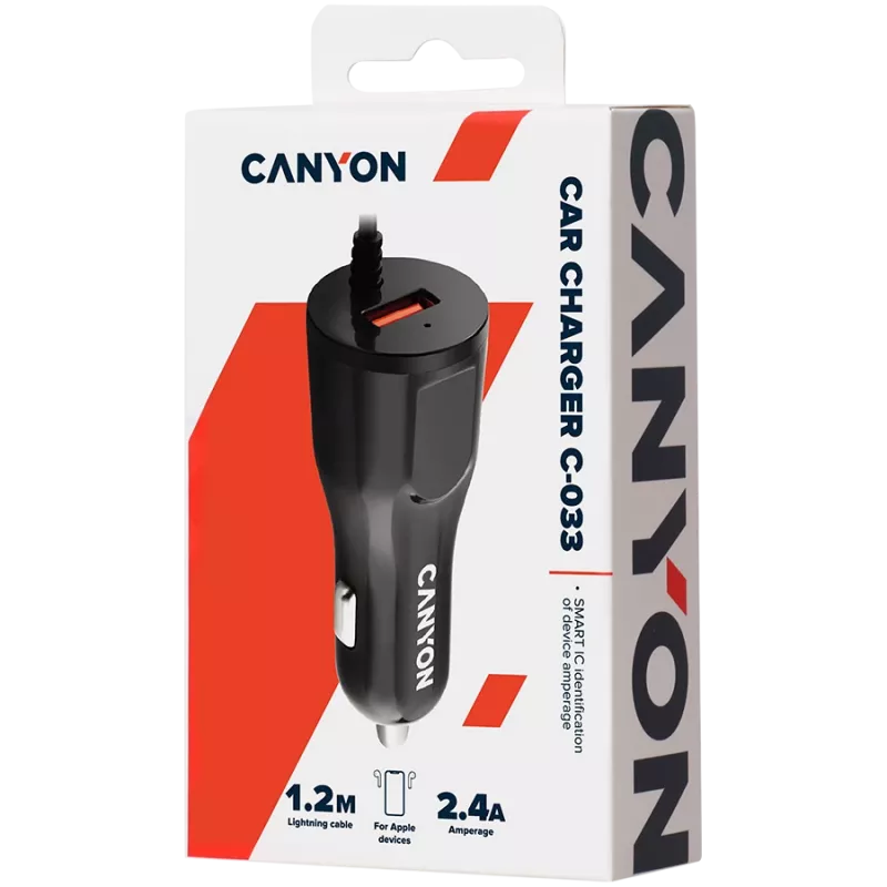 CANYON automobilinis įkroviklis C-033 2.4A/USB-A su integruotu Lightning laidu, juodas