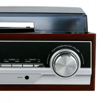 Garso patefonas Camry CR 1168 — juodas su medžio apdaila, 33/45 RPM, įmontuoti garsiakalbiai, RCA išvestis