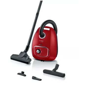 Dulkių siurblys Bosch BGB 41RD3H — 600 W, 4 L dulkių maišelis, HEPA filtras, 11 m veikimo spindulys, teleskopinis vamzdis, raudonas