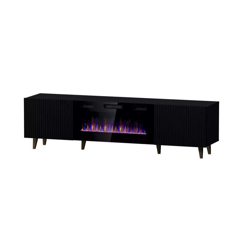TV spintelė Cama Meble PAFOS EF su elektriniu židiniu 180x42x49 cm, juoda matinė, 2 durys, 1400–1600 W