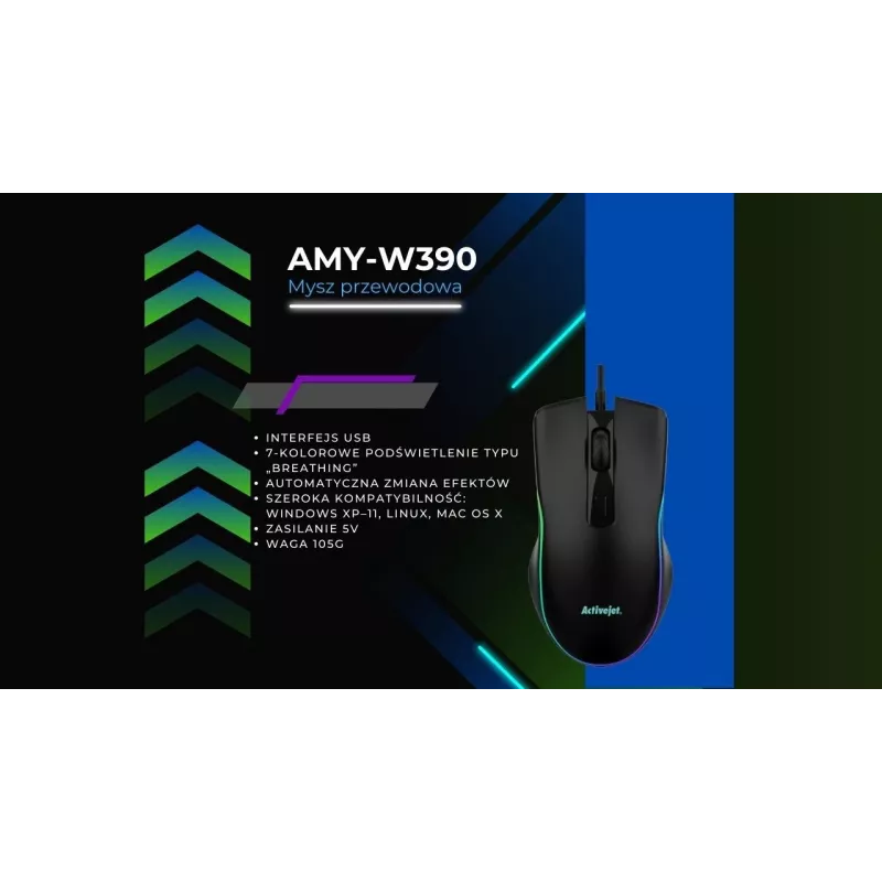 Laidinė šildoma žaidimų pelė ActiveJet AMY-W390 — abiem rankoms tinkama, optinė 2000 DPI, USB Type-A, 4 mygtukai, juoda