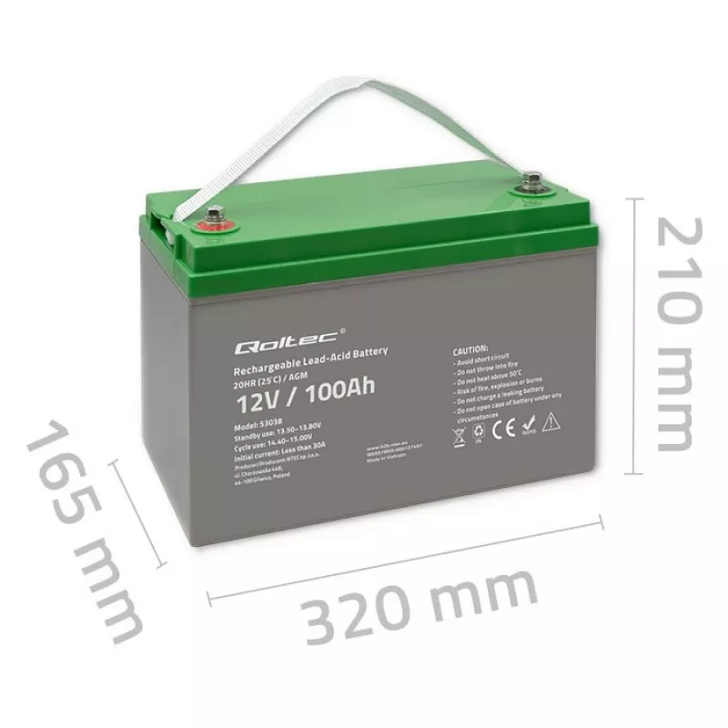 Qoltec 53038 AGM baterija | 12V | 100Ah | maks. 1200A