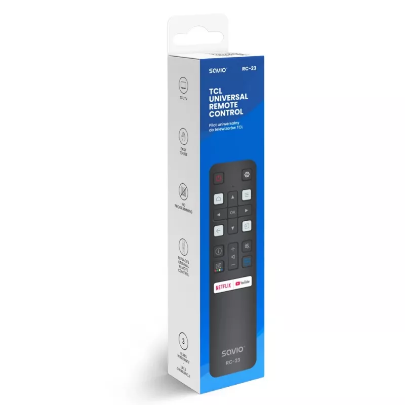 SAVIO RC-23 Universalus IR belaidis nuotolinio valdymo pultas TCL televizoriams — 19 mygtukų, 10 m veikimo atstumas