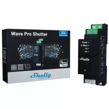 Užuolaidų valdiklis Shelly Wave Pro Shutter, juodas, plastikinis korpusas, 110–240 V kintamoji srovė, 50–60 Hz, 0.3 W, 19×69×94 mm