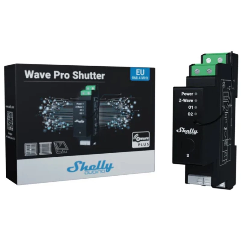 Užuolaidų valdiklis Shelly Wave Pro Shutter, juodas, plastikinis korpusas, 110–240 V kintamoji srovė, 50–60 Hz, 0.3 W, 19×69×94 mm
