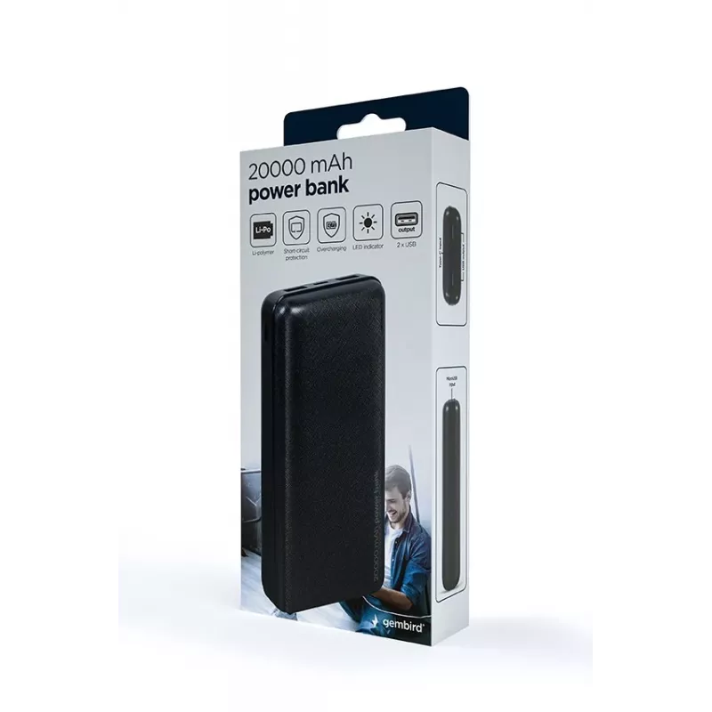 Gembird PB20-02 nešiojamas įkroviklis (power bank) Ličio polimeras (LiPo) 20000 mAh Juodas
