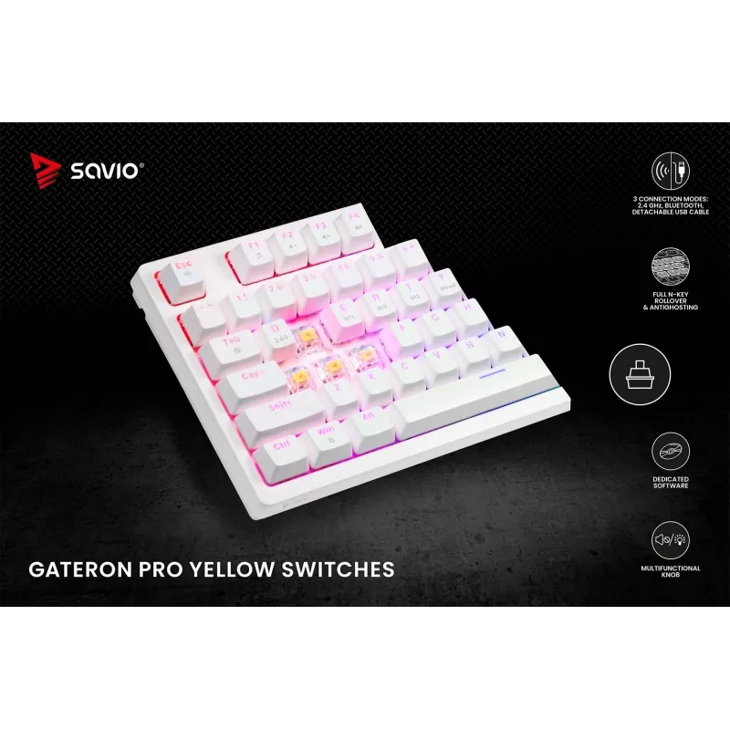 SAVIO PHENIX WHITE belaidė mechaninė klaviatūra, Gateron Red Pro, ABS