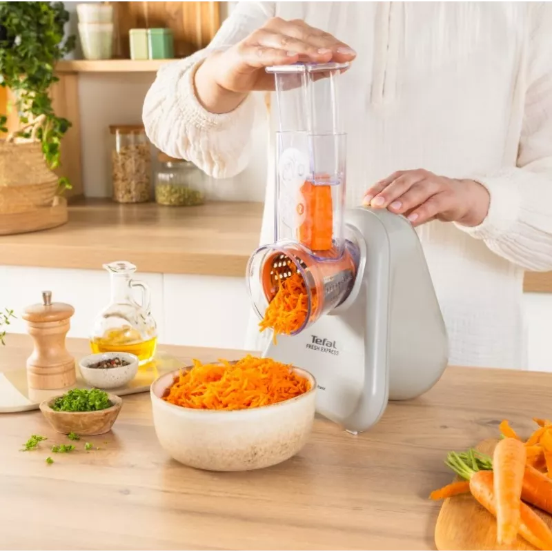 Elektrinė daržovių smulkintuvė Tefal Fresh Express DN853BE0 — 150 W, 3 keičiami antgaliai, 1 greitis, kremas
