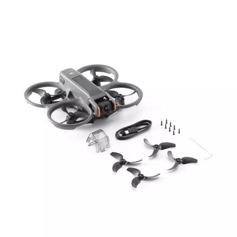 Dronas DJI Avata 2 — maksimalus atstumas 13 000 m, maksimalus greitis 27 m/s, 4 rotoriai, juodas (be akinių ar nuotolinio valdiklio)