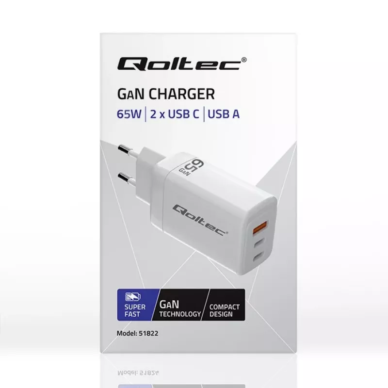 GaN įkroviklis QOLTEC 51822 65W 2×USB A 2×USB‑C