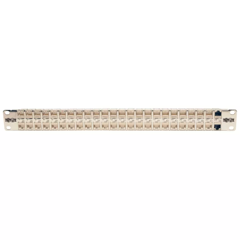 Tripp N254-048-SH-6A 48 prievadų 1 HE stelažinis montavimas ekranuotas Cat6a STP Feed-Through skirstomasis skydas - RJ45 Ethernet - TAA - 10 Gigabit Ethernet - RJ-45 - Cat6a - sidabrinis - baltas - stelažinis
