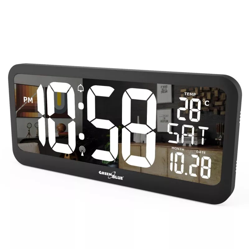 Didelis skaitmeninis laikrodis su temperatūros jutikliu, tvirtinamas ant sienos arba pastatomas, 37x17 cm LCD ekranas, maitinimo adapteris ir baterijomis maitinamas