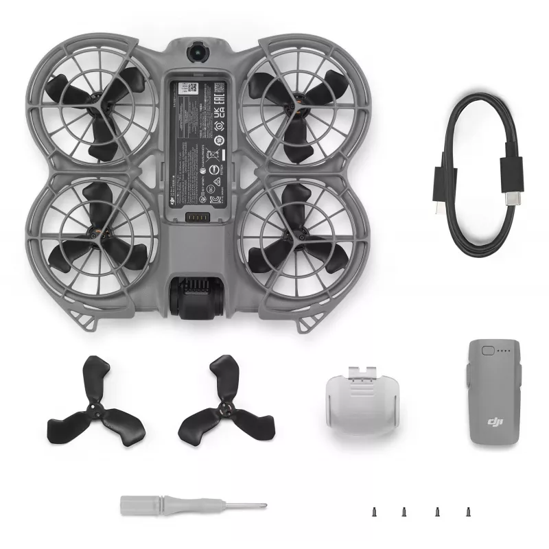 Kvadrakopterinis dronas DJI Neo 2 — 4 rotoriai, 12 MP kamera, 2688×1512 vaizdo įrašas, 1606 mAh baterija, 49 GB vidinė atmintis, Wi‑Fi ir Bluetooth