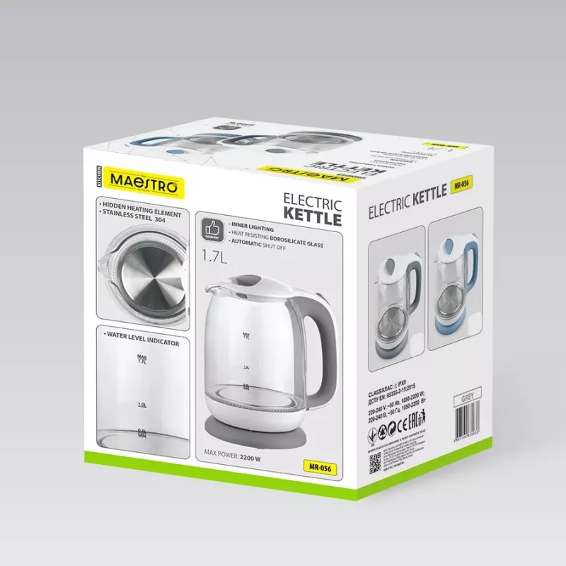Elektrinis stiklinis virdulys Maestro MR-056-Pilka 1,7 L 2200 W