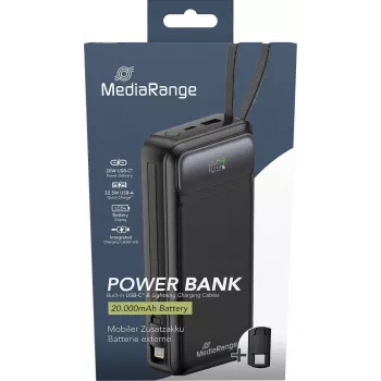 Išorinė baterija MediaRange MRMA756 — 20000 mAh LiPo, 15 W išėjimas, USB-A + USB-C, juoda