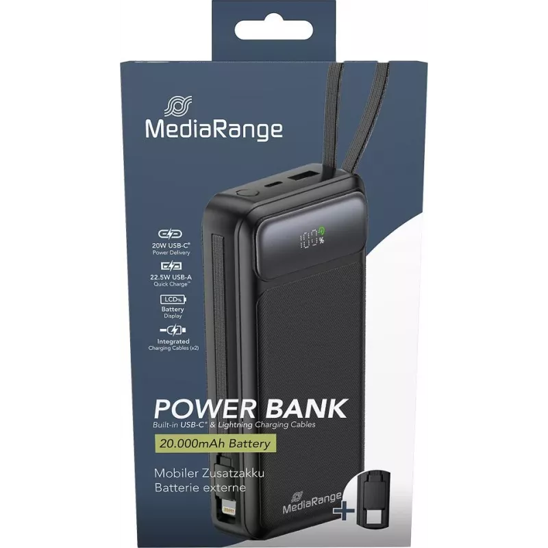 Išorinė baterija MediaRange MRMA756 — 20000 mAh LiPo, 15 W išėjimas, USB-A + USB-C, juoda
