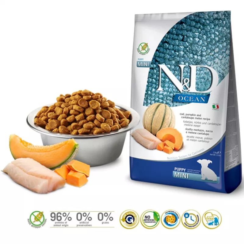 FARMINA N&D Ocean Dog Cod, Pumpkin & Cantaloupe Melon Puppy Mini - sausas šunų maistas - 800g