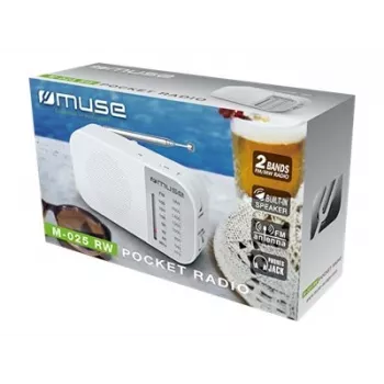 Nešiojamas radijo imtuvas Muse M-025 RW — analoginis FM/MW, baltas, maitinamas baterijomis, išorinė antena