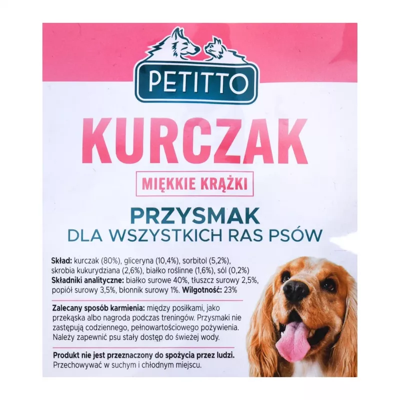 Šunų skanėstai PETITTO minkšti vištienos žiedeliai 500 g — minkštas vištienos užkandis, 500 g pakuotė, baltymai 40%, drėgmė 23%