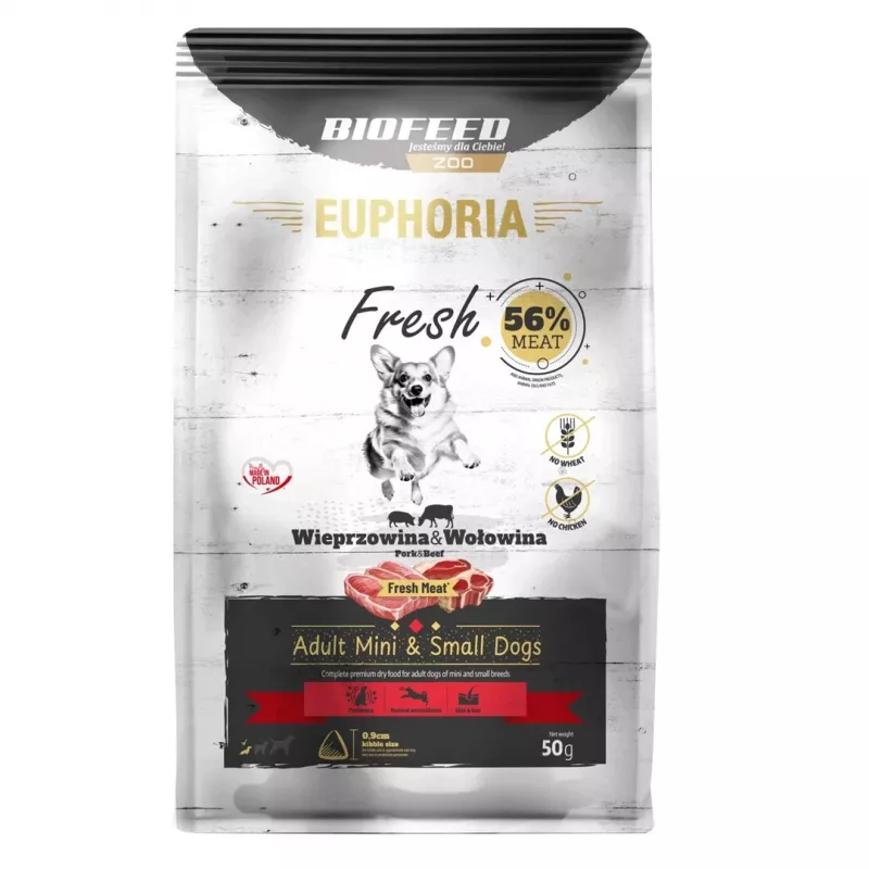 EUPHORIA Fresh Adult Pork with beef XS/S - sausas šunų ėdalas - 50g