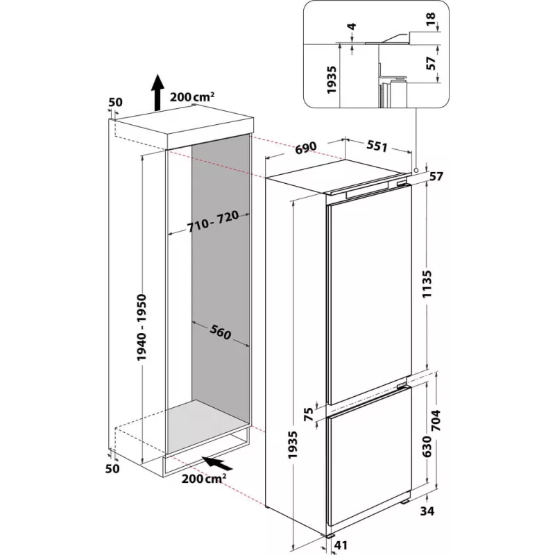 WHIRLPOOL įmontuojamas šaldytuvas WH SP70 T121, plotis 69 cm, aukštis 193,5 cm, energijos klasė E, No Frost