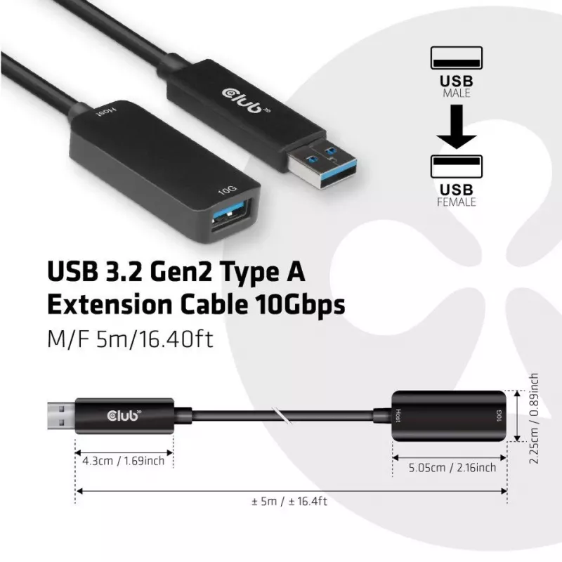 CLUB3D USB 3.2 Gen2 Type A ilginimo laidas 10Gbps M/F 5m/16.40ft