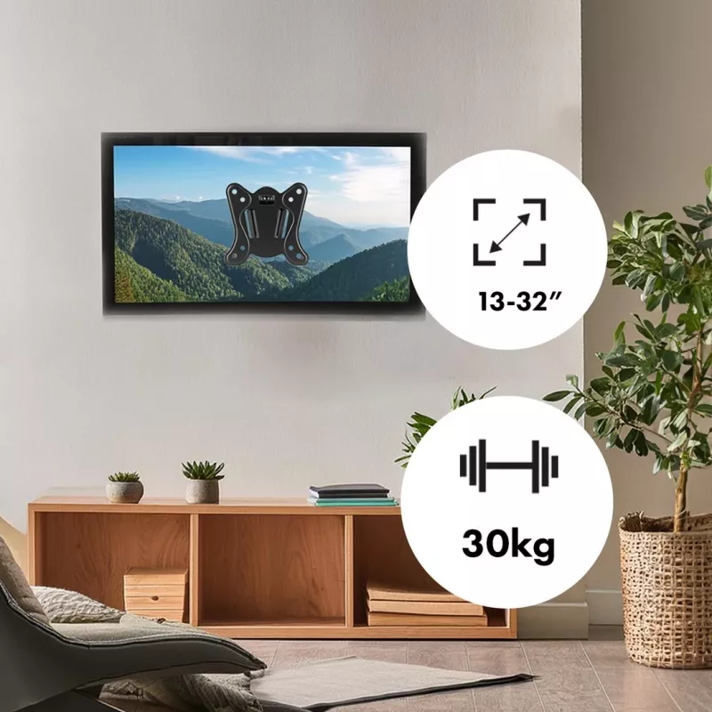 Maclean MC-416 TV monitoriaus sieninis laikiklis 13-32 30 kg pakreipiamas sukiojamas maks. VESA 100x100 juoda miltelinė danga LED OLED LCD universalus laikiklis