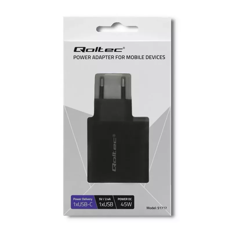 Maitinimo adapteris QOLTEC 51717 45W 20V 3A kintamosios srovės patalpų įkroviklis išmaniajam laikrodžiui, juodas