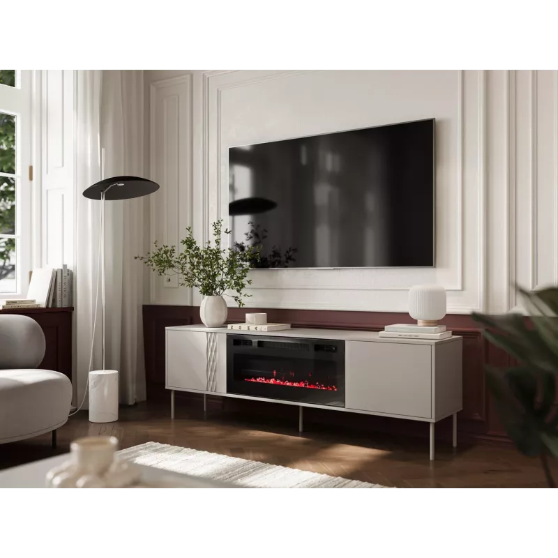 TV spintelė su židiniu Cama Meble TRESSE 180x40x54,5 cm — juodas rėmas, matinis smėlio spalvos viršus