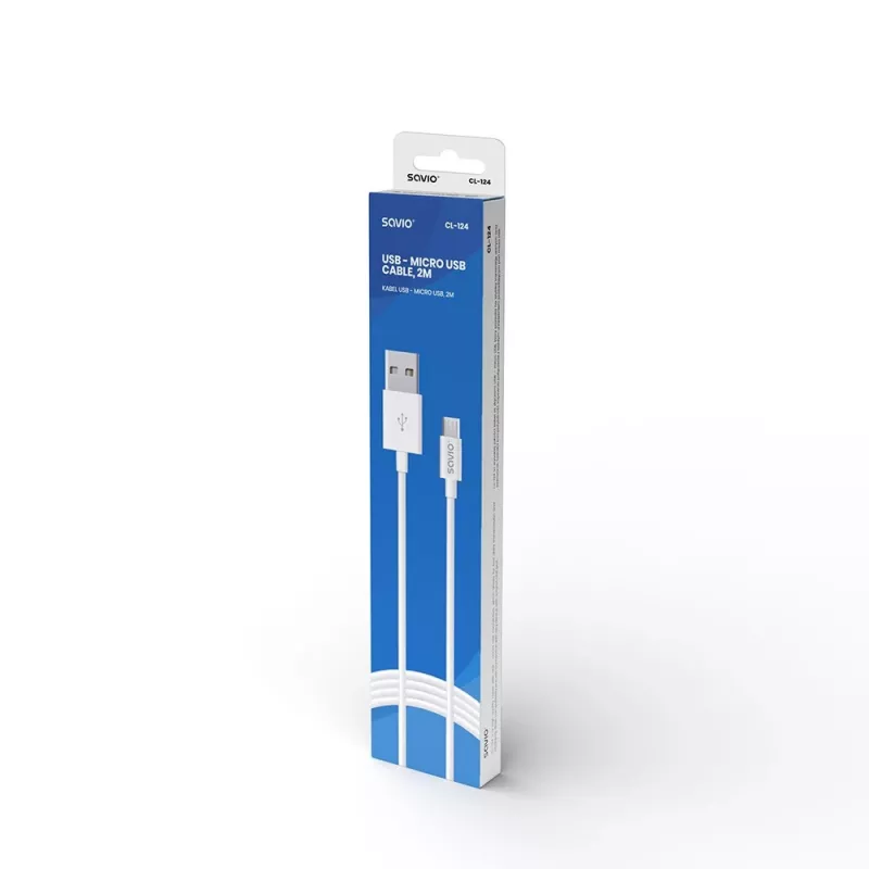 USB laidas SAVIO CL-124 USB 2.0, USB A į Mikro-USB B, 2 m, baltas