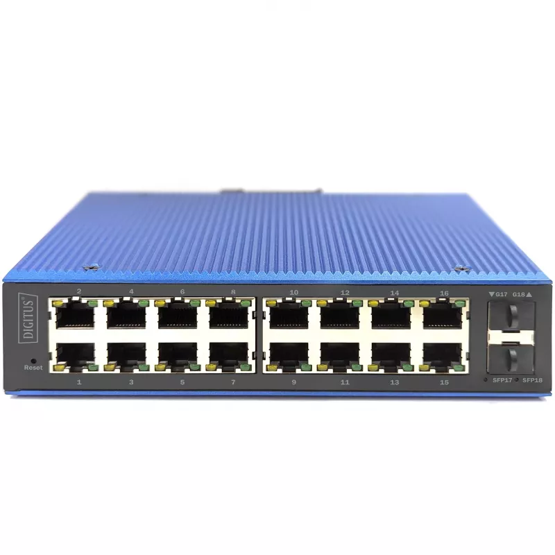 DIGITUS pramoninis L2 valdomas Gigabit Ethernet komutatorius 16x RJ-45 + 2x SFP, 12–48V DC, 8000 MAC