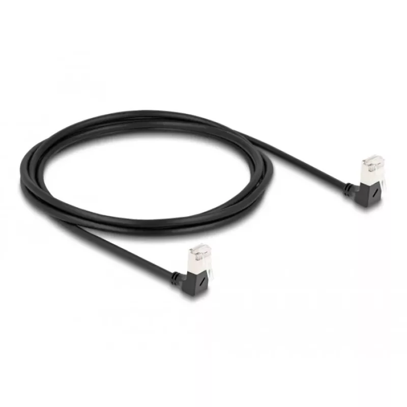 DeLOCK RJ45 tinklo kabelis Cat.6A S/FTP plonas 90° žemyn 2 m juodas